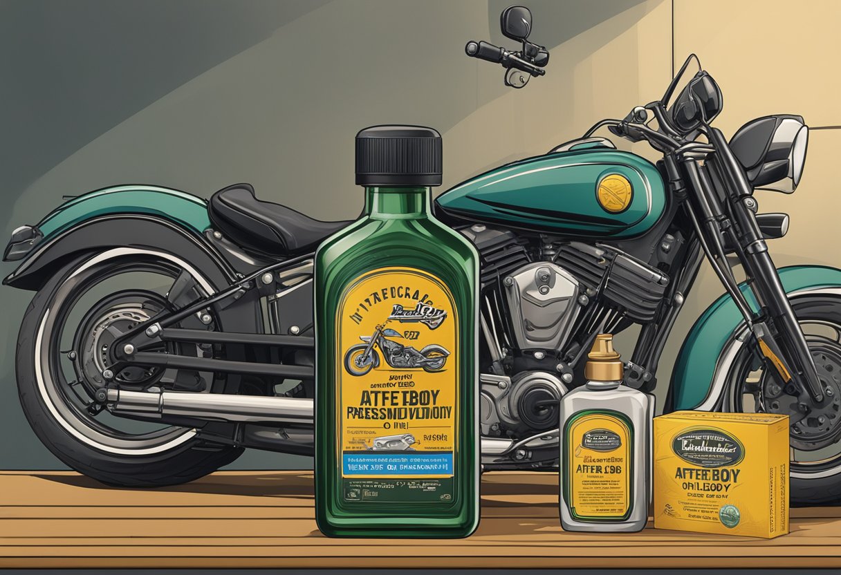 A bottle of "Aftercare and Longevity" oil sits on a table next to a motorcycle labeled "Fat Boy." The bottle is prominently displayed, with the motorcycle in the background, suggesting the product's use for maintenance and preservation
