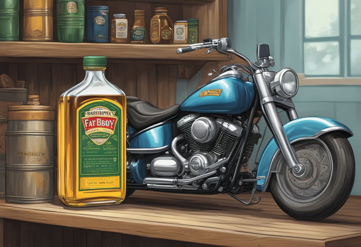 A large bottle of "Frequently Asked Questions" primary oil sits prominently on a shelf, next to a classic "Fat Boy" motorcycle