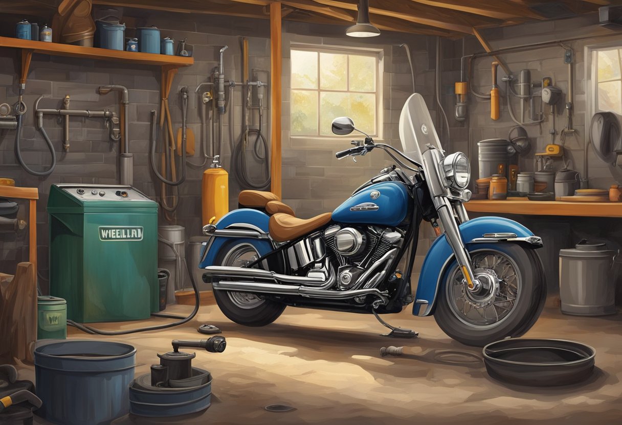 A mechanic drains old oil, replaces filter, and fills Softail with fresh oil in a well-lit garage