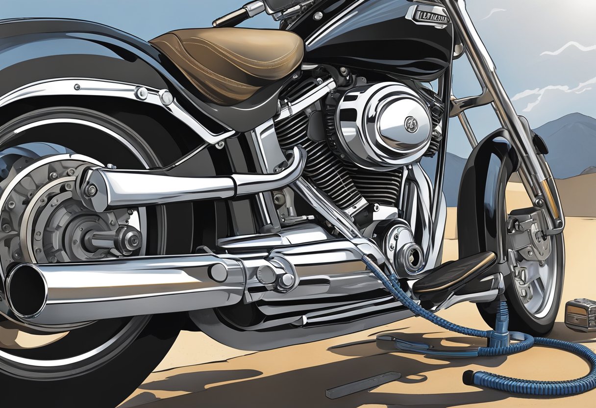 A mechanic pours primary oil into a Softail's clutch and primary chain, servicing the motorcycle