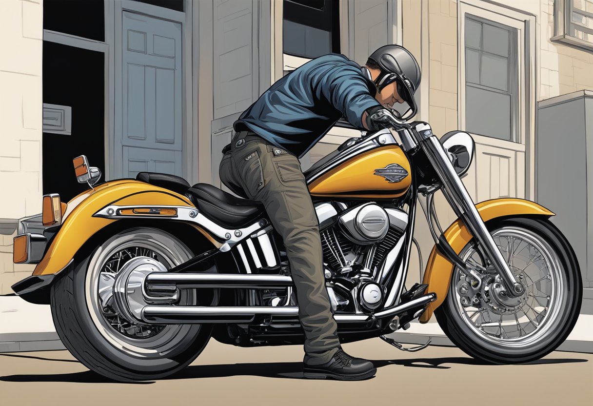 A mechanic inspecting a Softail motorcycle's primary oil for common issues