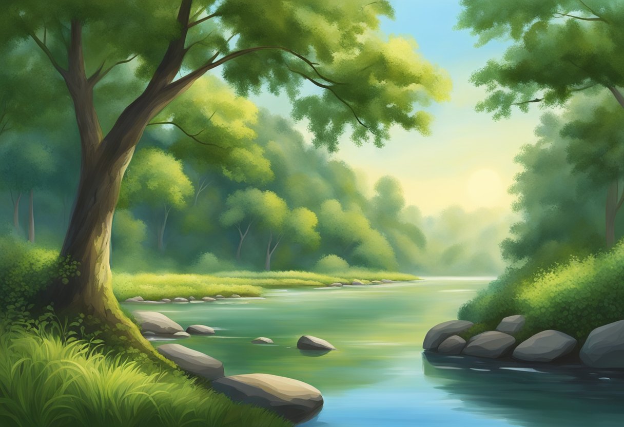 A serene, tranquil landscape with a clear blue sky, a peaceful river, and lush greenery. A sense of calm and hope pervades the scene, evoking a feeling of restoration and peace in the world