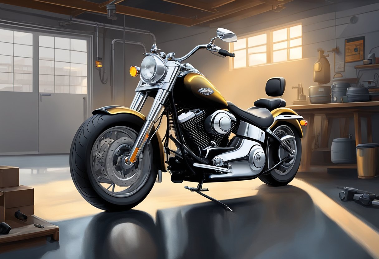 A Softail motorcycle parked in a sleek, modern garage, with a beam of light illuminating the Advanced Topics primary oil on a workbench