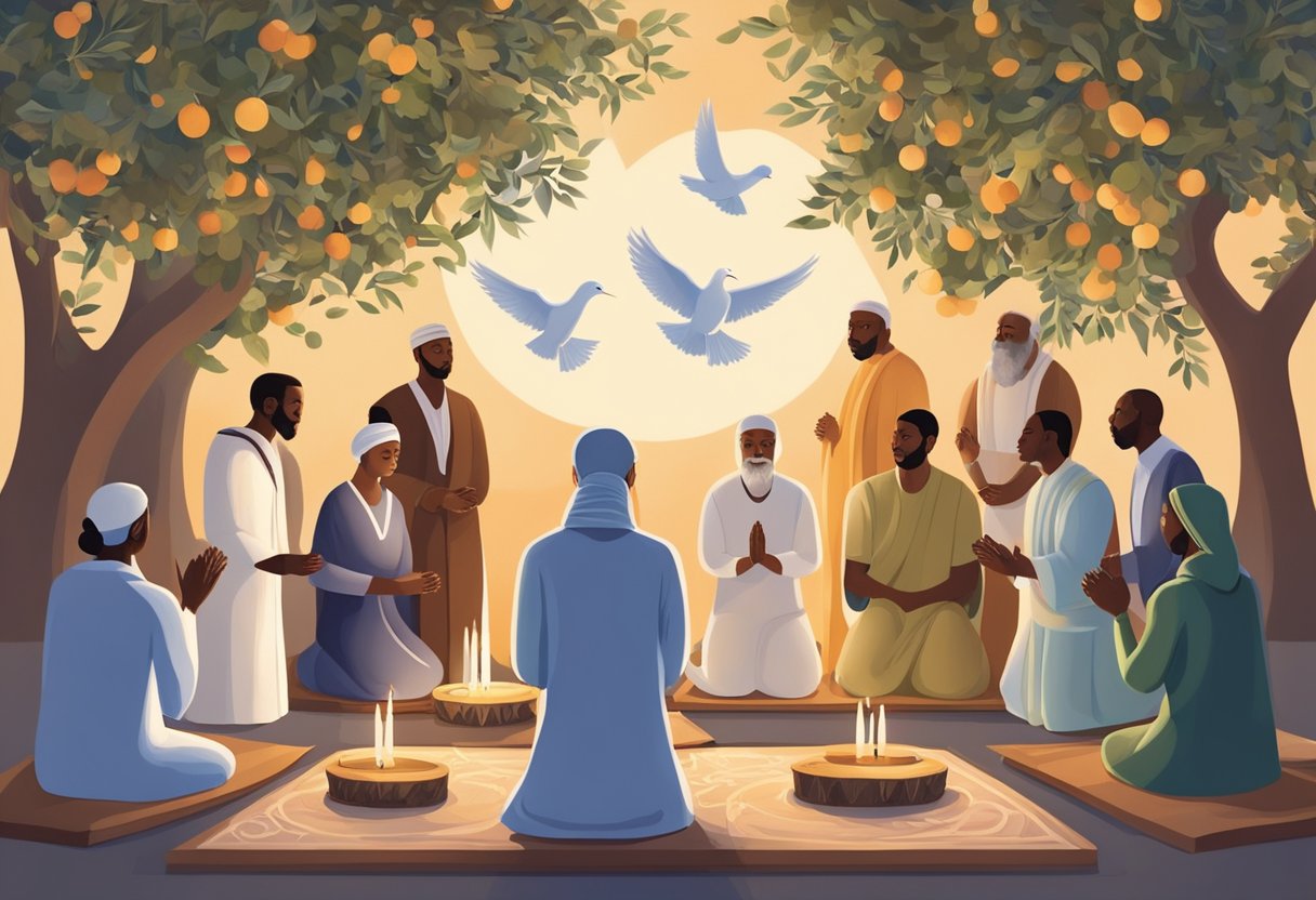 A group of diverse people from different cultures and religions gather in a tranquil setting, surrounded by symbols of peace such as doves, olive branches, and candles, as they join together in prayer for global peace and harmony