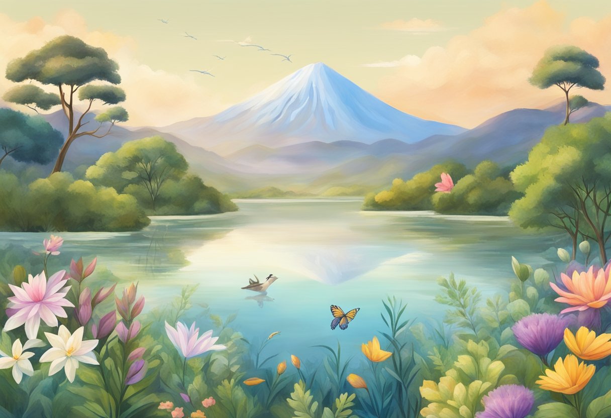 A serene landscape with diverse flora and fauna, under a peaceful sky, with symbols of unity and harmony