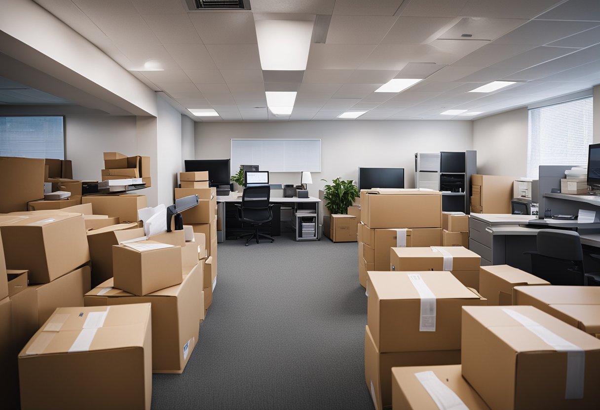 Office furniture and equipment being packed into labeled boxes, movers loading items onto a truck, and office staff organizing paperwork and files