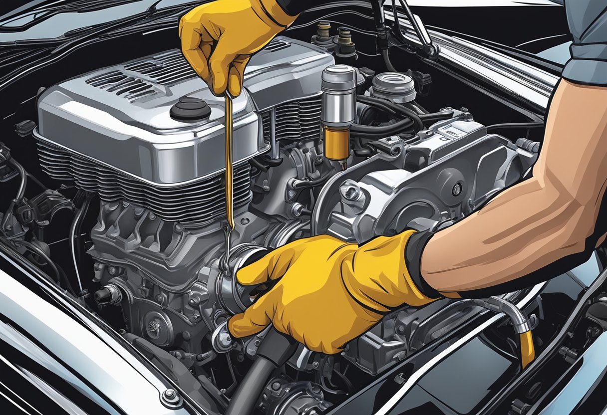 A mechanic pours new primary oil into Dyna's engine, replacing the old oil