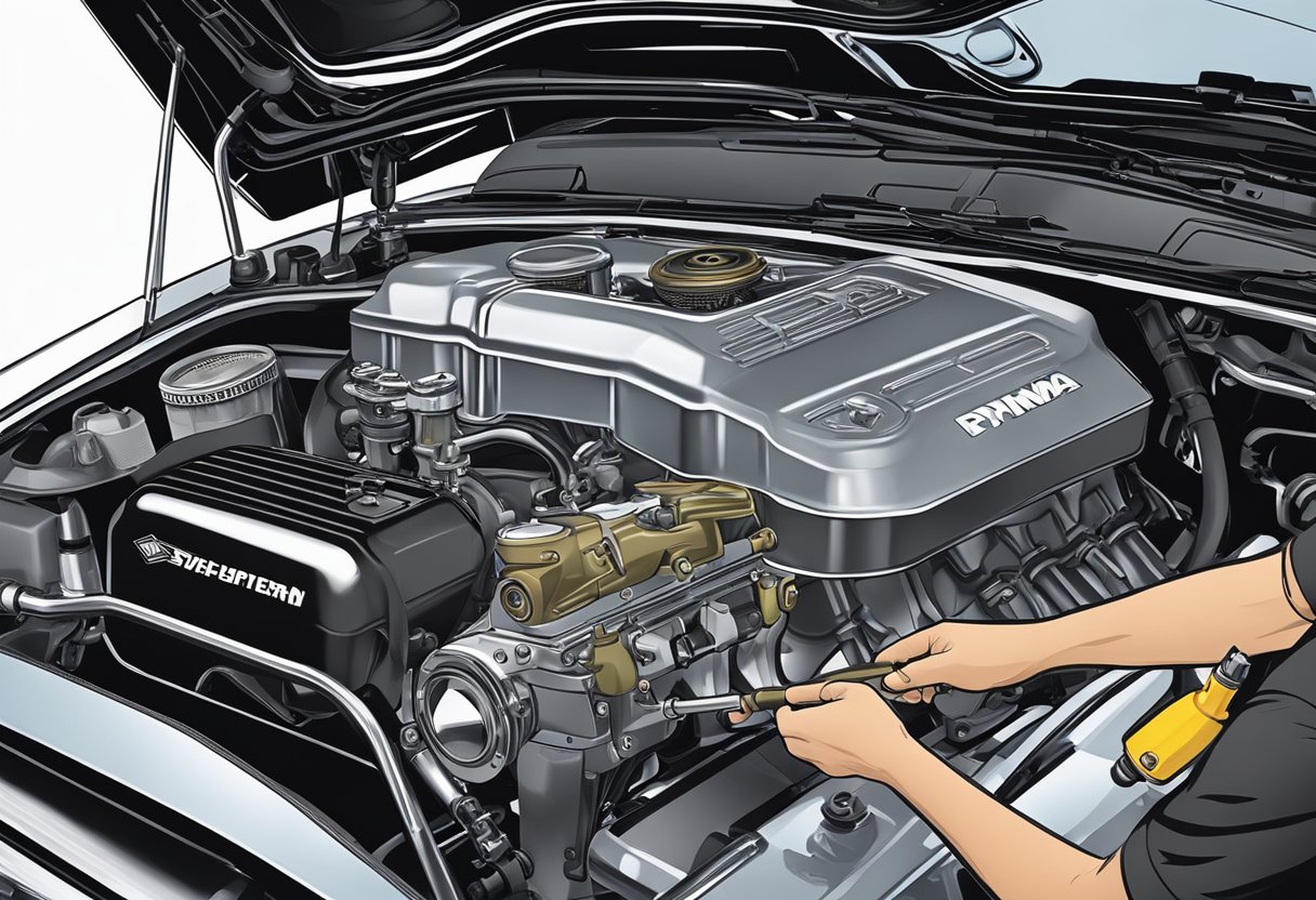 A mechanic pours fresh oil into a Dyna engine, with a drain pan and oil filter nearby