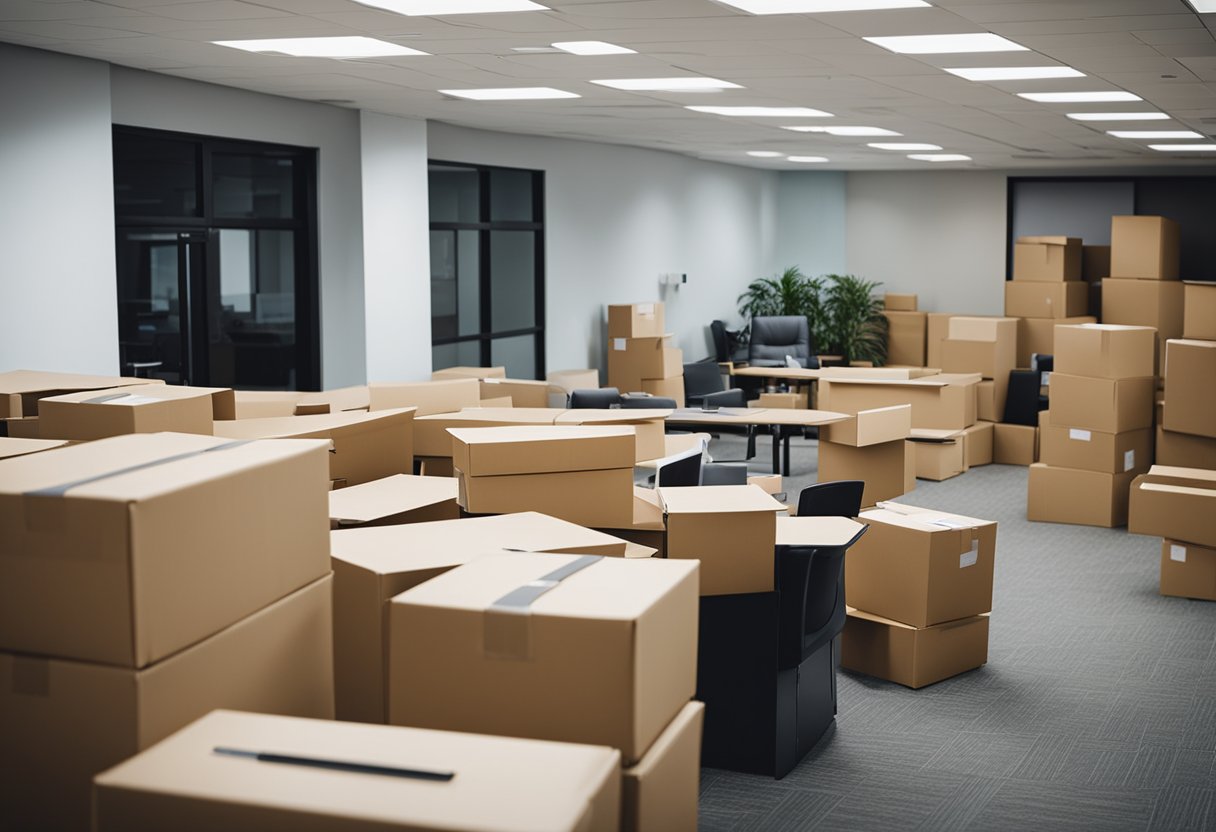 Office furniture being carefully packed into boxes, movers transporting them to a new location, and workers setting up the new office space