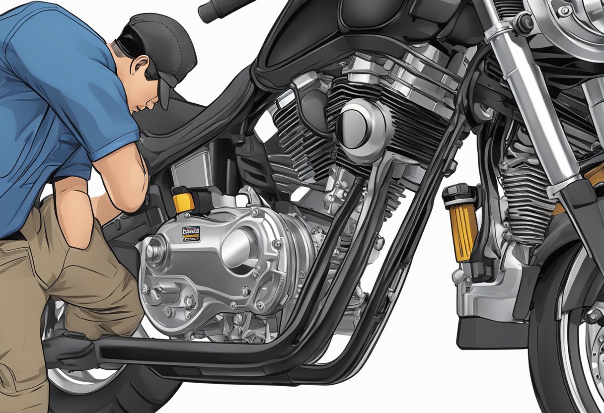 A mechanic pours primary oil into a Dyna's clutch system, ensuring optimal performance