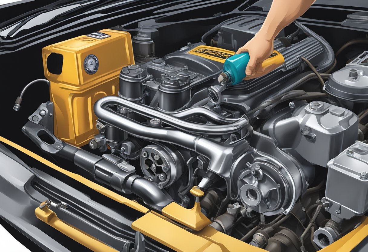 A mechanic pours primary oil into a Dyna's transmission, with oil containers and tools scattered nearby