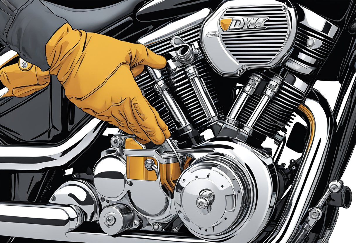 A mechanic pours Optimizing Motorcycle Performance oil into a Dyna's engine, ensuring precision and efficiency for peak performance