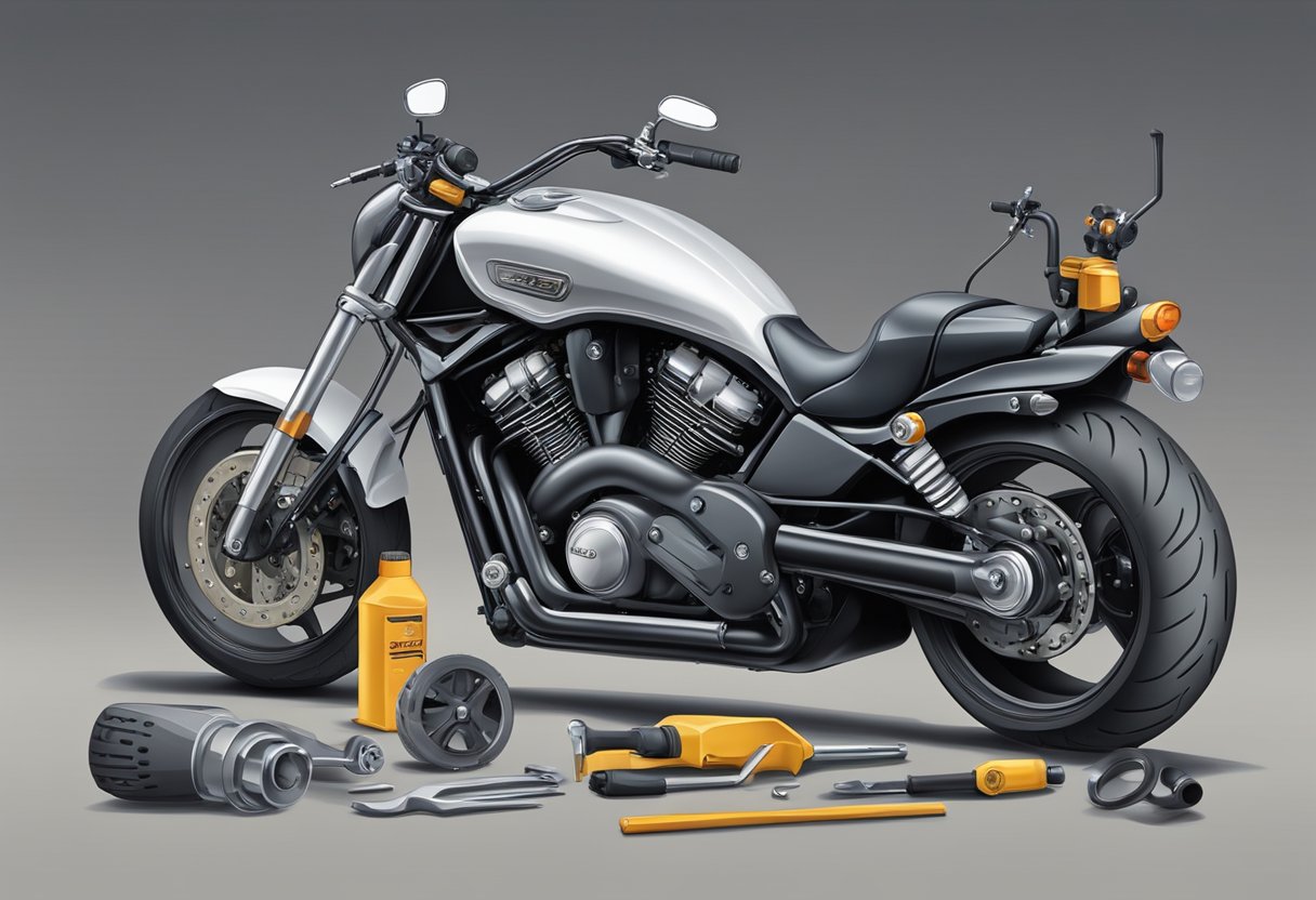 A V-Rod motorcycle with oil leaks and low levels, surrounded by tools and maintenance equipment