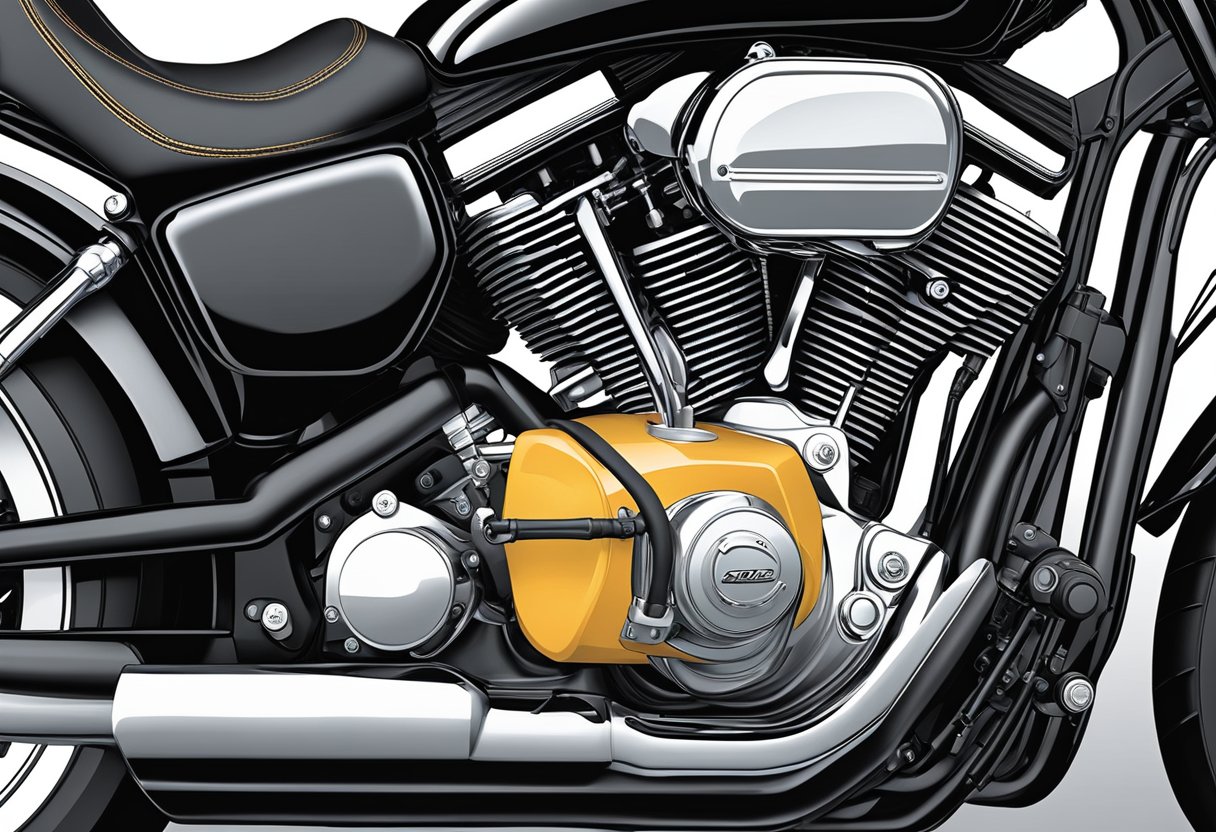 A V-Rod motorcycle is shown with a bottle of Enhancing V-Rod Performance primary oil being poured into the engine