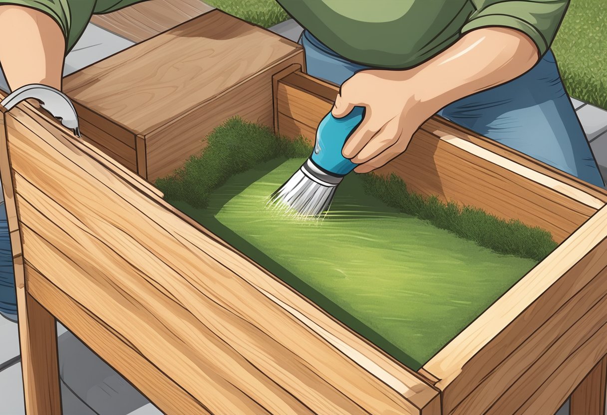A person applies waterproof sealant to a wooden planter box, using a brush to evenly coat the entire surface
