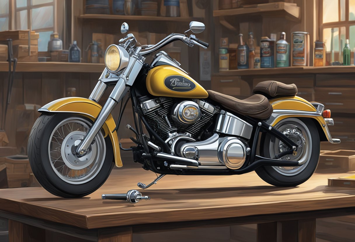 A bottle of primary oil sits on a workbench next to a Heritage Softail motorcycle. The oil is labeled clearly, and the bike is in the background, ready for maintenance