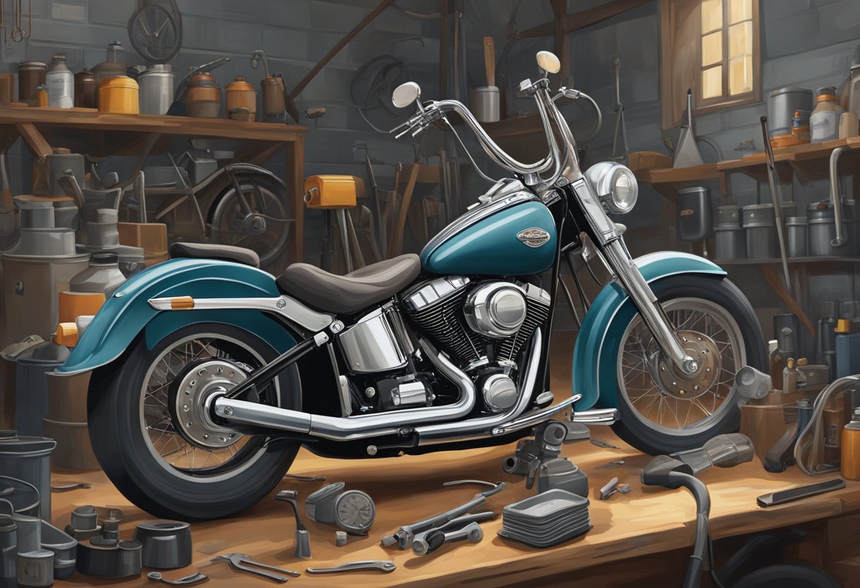 A mechanic pours fresh oil into a Heritage Softail motorcycle, with tools and maintenance equipment scattered around the workshop