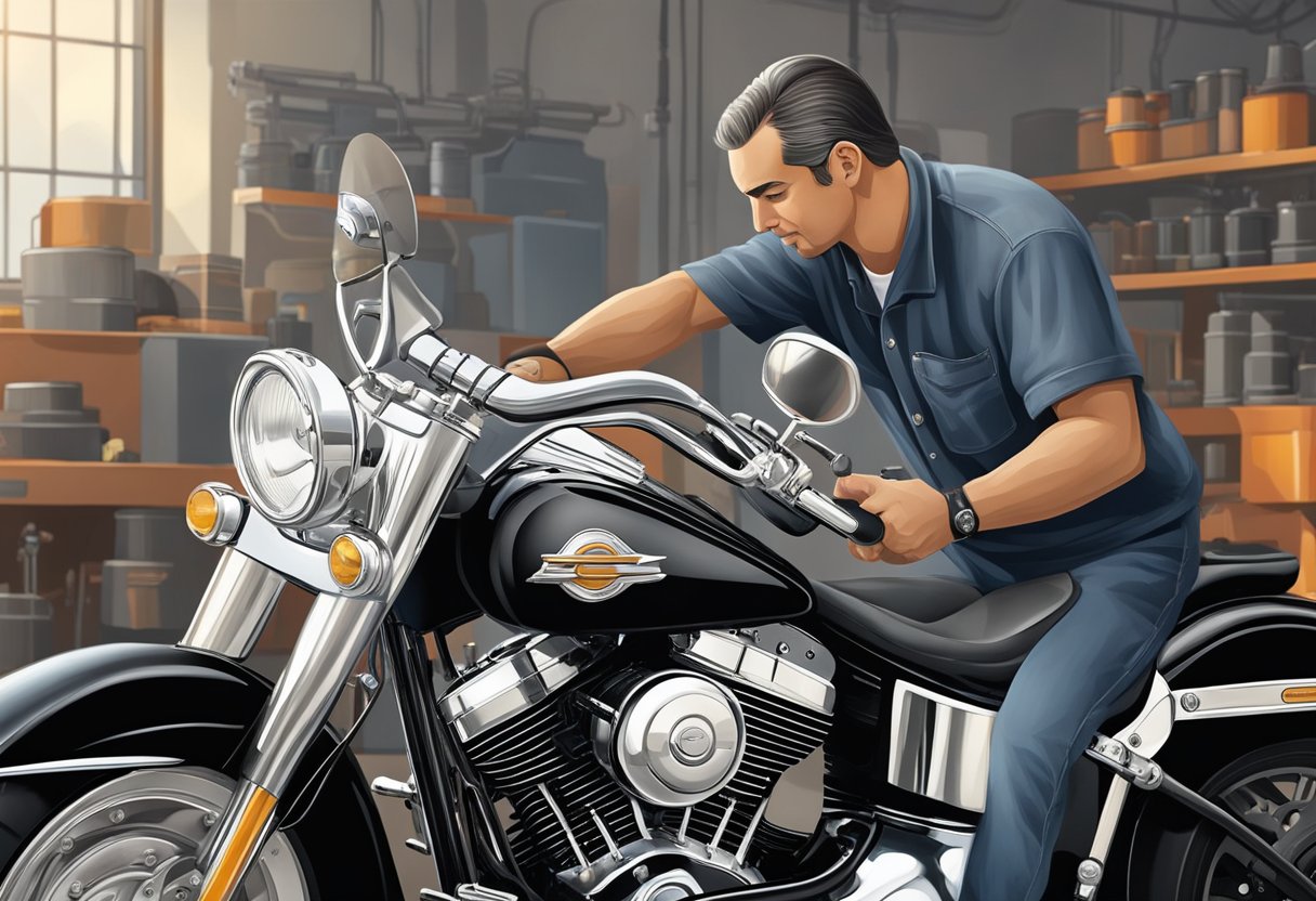 The Heritage Softail is being serviced with Technical Insights primary oil, with the mechanic carefully pouring the oil into the engine