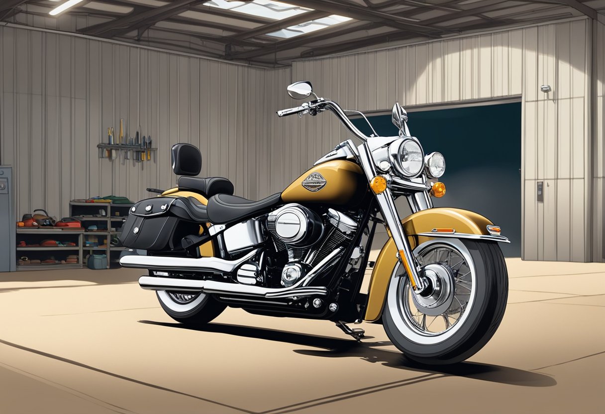 A Heritage Softail parked in a clean, well-lit garage with proper ventilation and safety equipment nearby