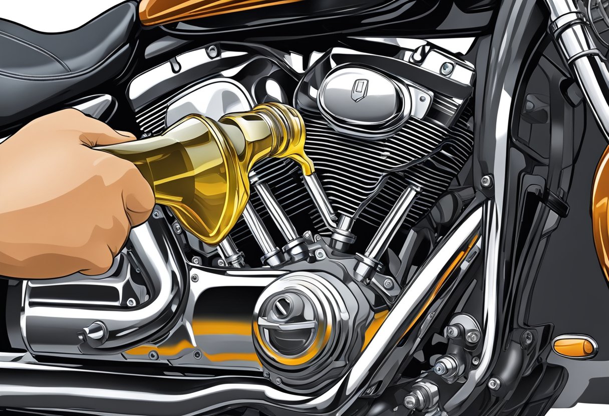 A mechanic pours primary oil into an Iron 883 motorcycle engine