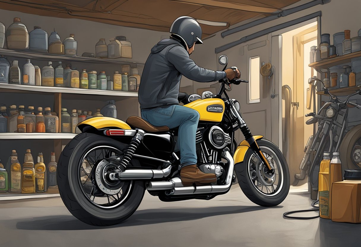 An Iron 883 motorcycle sits in a garage. A person reaches for a bottle of "Choosing the Right Oil" primary oil