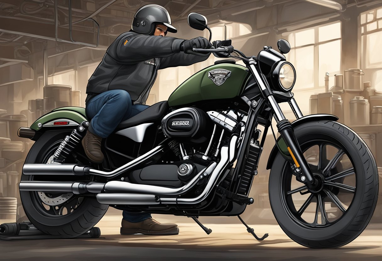 The Iron 883 motorcycle is being serviced, with a mechanic pouring additional fluid into the primary oil reservoir. The scene shows the mechanic's precise movements and the motorcycle's rugged appearance