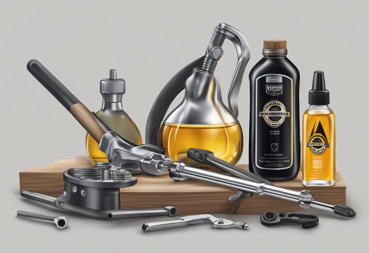 A bottle of primary oil sits next to a set of tools and accessories, ready to be used for an Iron 883 motorcycle