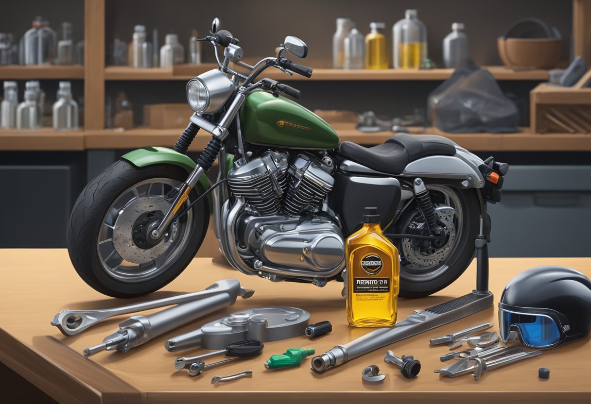 A bottle of primary oil for Iron 883 sits on a clean workbench, surrounded by tools and motorcycle parts