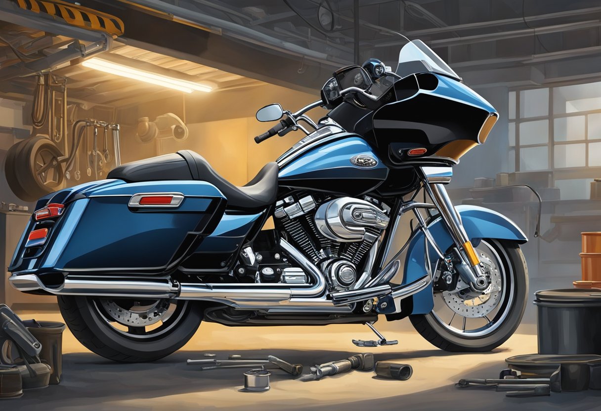 A Road Glide motorcycle is being serviced with primary oil by a mechanic in a well-lit garage