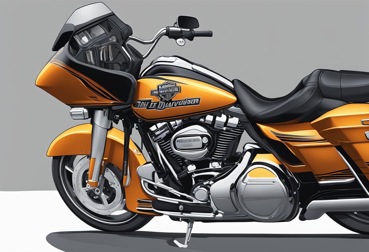 The Harley-Davidson Road Glide's primary oil being carefully poured into the engine, with the iconic logo visible on the oil container