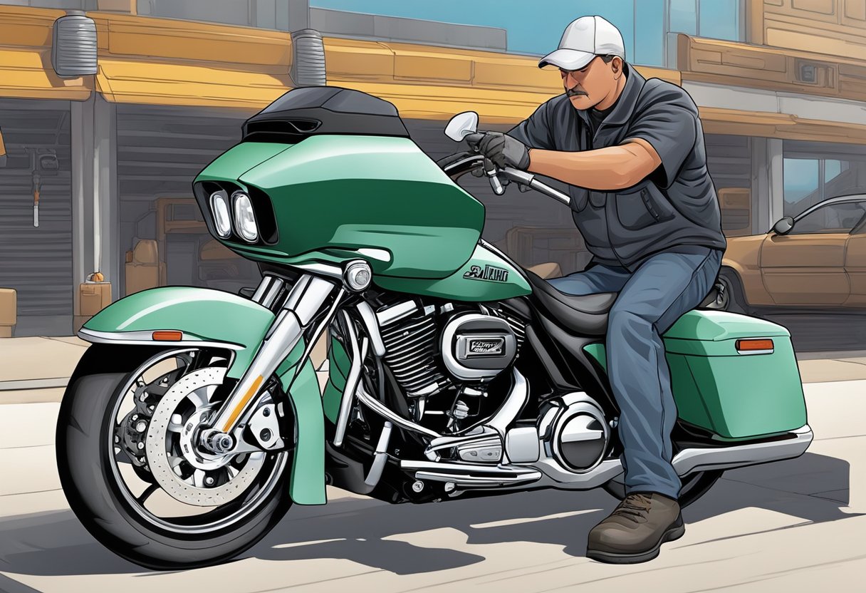 A mechanic inspecting and adjusting the primary oil on a Road Glide motorcycle to troubleshoot common issues
