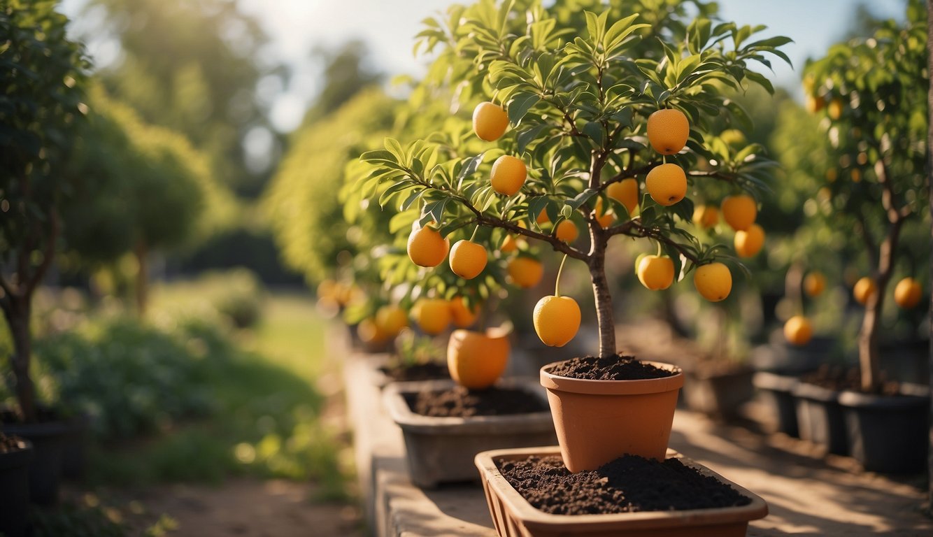 Lush, healthy potted fruit trees in a sunny garden setting. Branches heavy with ripe fruit, vibrant leaves, and well-tended soil