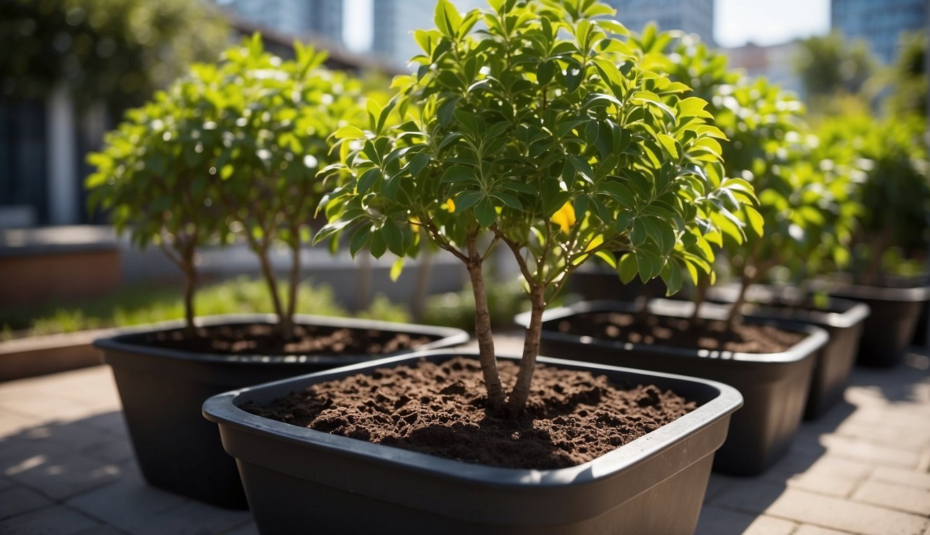 Lush potted fruit trees, well-spaced, in a sunny outdoor setting with rich, fertile soil and adequate drainage