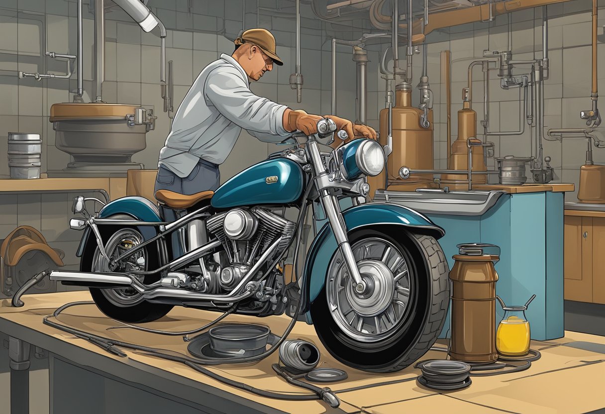 A mechanic pours fresh oil into a Shovelhead primary, while old oil drains into a pan below