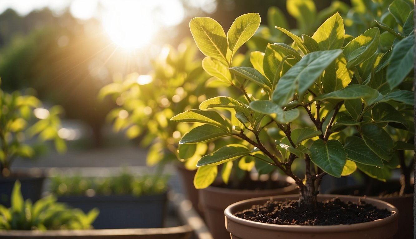 Sunlight filters through leaves onto potted fruit trees. Fertilizer and water are carefully applied to nourish the growing plants