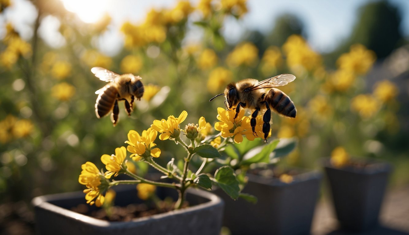 Bees pollinate potted fruit trees, leading to abundant fruit production