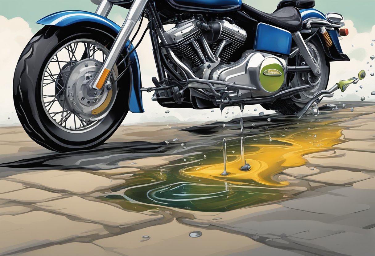 A Shovelhead motorcycle leaking oil onto the ground with visible cracks in the primary oil case