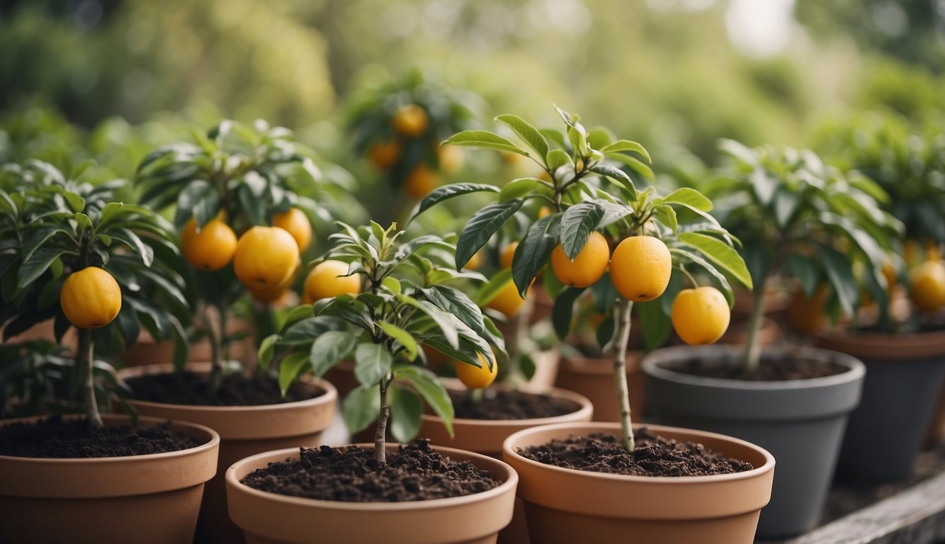 Lush potted fruit trees being carefully harvested and stored in a cozy garden setting