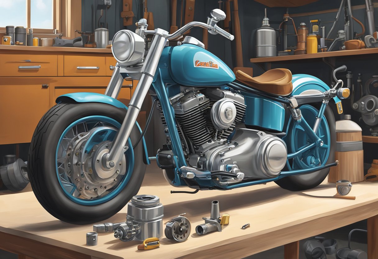 A shovelhead engine with oil system accessories and add-ons, including a primary oil tank, sits on a workbench in a garage