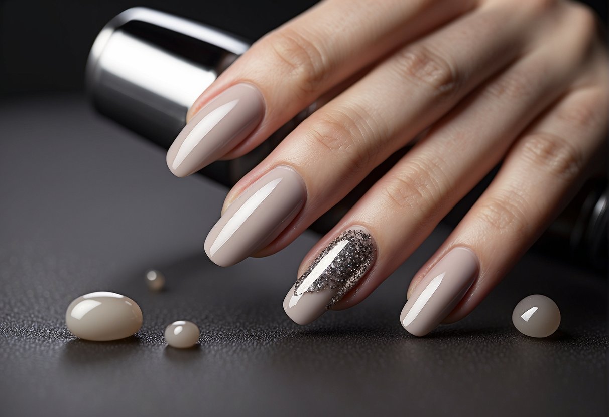 A clean, modern nail design with simple lines and neutral colors. A minimalist approach with a focus on simplicity and elegance