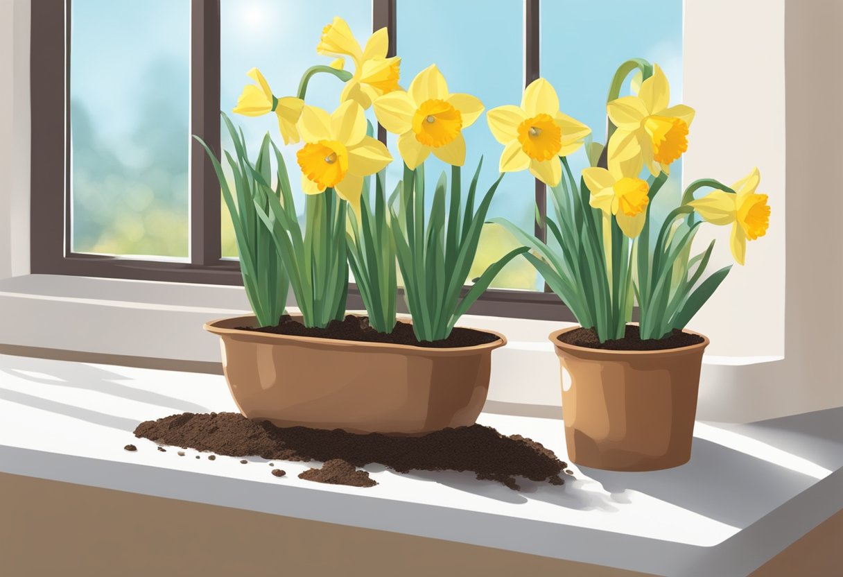 A pot sits on a sunny windowsill. Soil is being poured into it. Daffodil bulbs are placed in the soil. Water is being poured over the bulbs