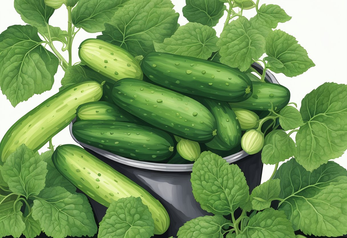 Five cucumber plants grow in a 5-gallon bucket. The bucket is filled with rich, dark soil, and the vibrant green leaves of the cucumber plants spill over the edges