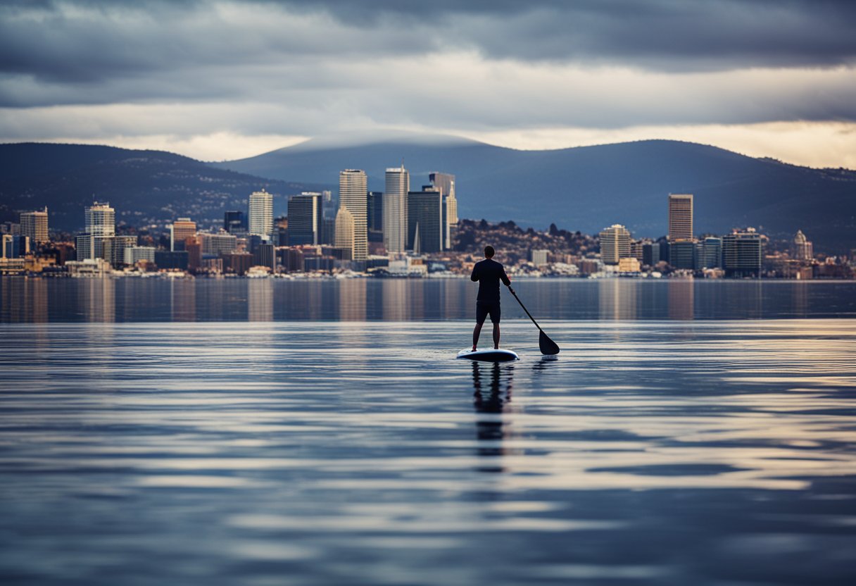 A colorful SUP board glides across the calm waters of Hobart, Australia, with the city skyline in the background