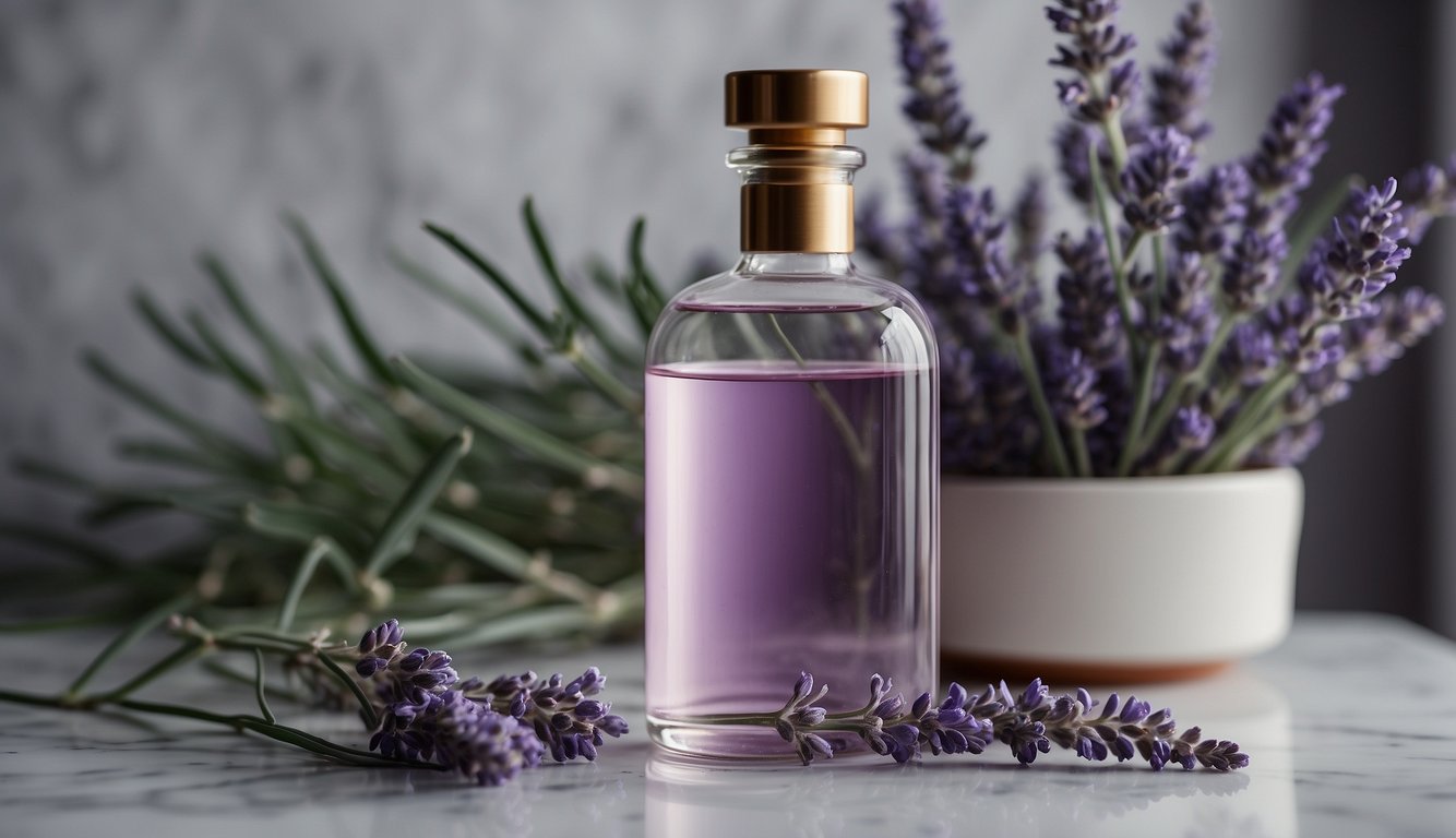 A glass bottle of lavender water sits on a marble countertop, surrounded by sprigs of fresh lavender