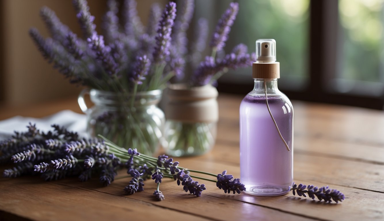 A clear glass spray bottle filled with lavender water sits on a wooden table, surrounded by fresh lavender flowers and a handwritten label