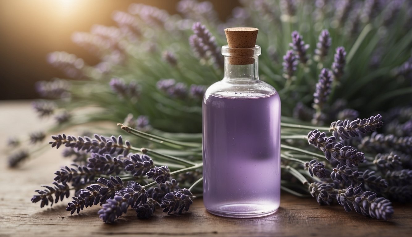 A clear glass bottle of lavender water surrounded by sprigs of fresh lavender, with a label reading "Frequently Asked Questions."