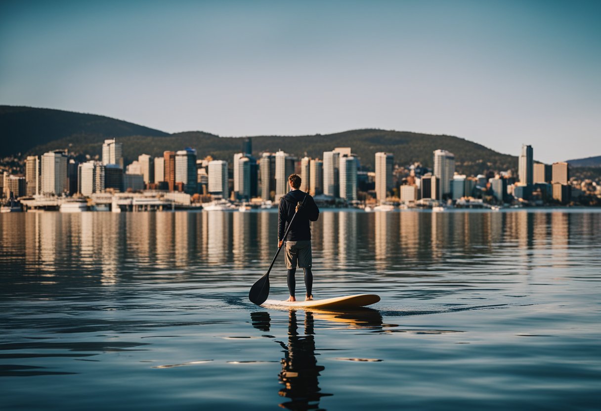 A person stands on a stand-up paddleboard in the calm waters of Hobart, Australia, with the city skyline in the background