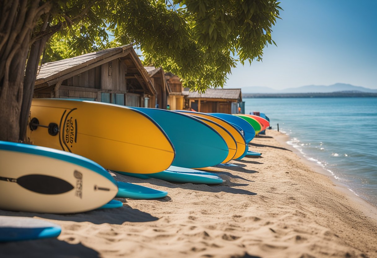 A calm bay with clear blue water, a row of colorful SUP boards lined up on the shore, and a small rental shack in the background