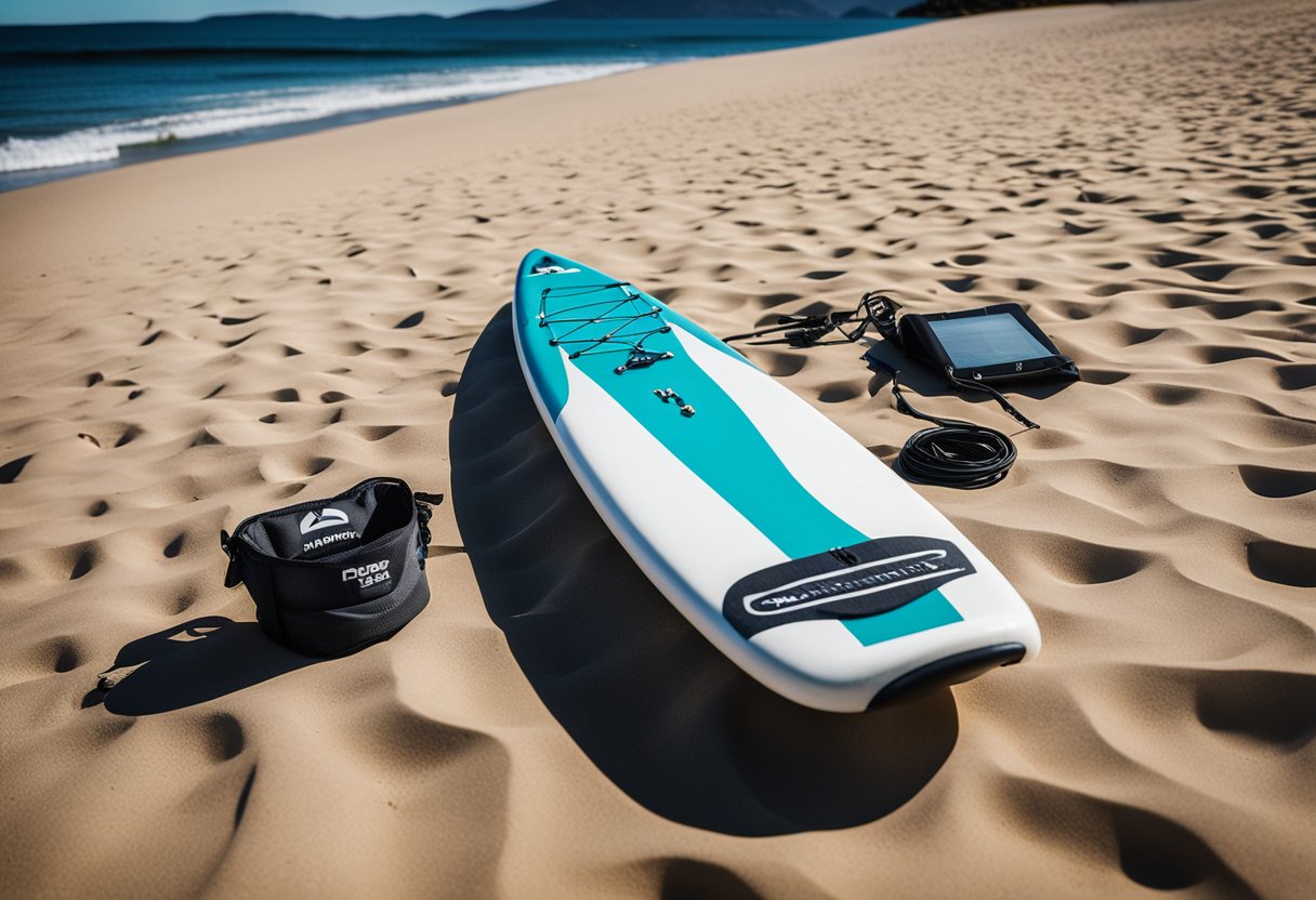A SUP board and accessories laid out on a sandy beach in Hobart, Australia