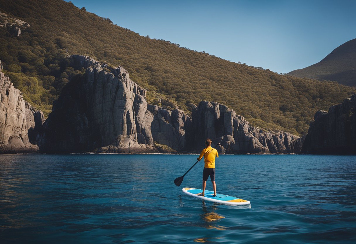 A person paddles a SUP board along the coast of Hobart, Australia, with rugged cliffs and clear blue waters in the background